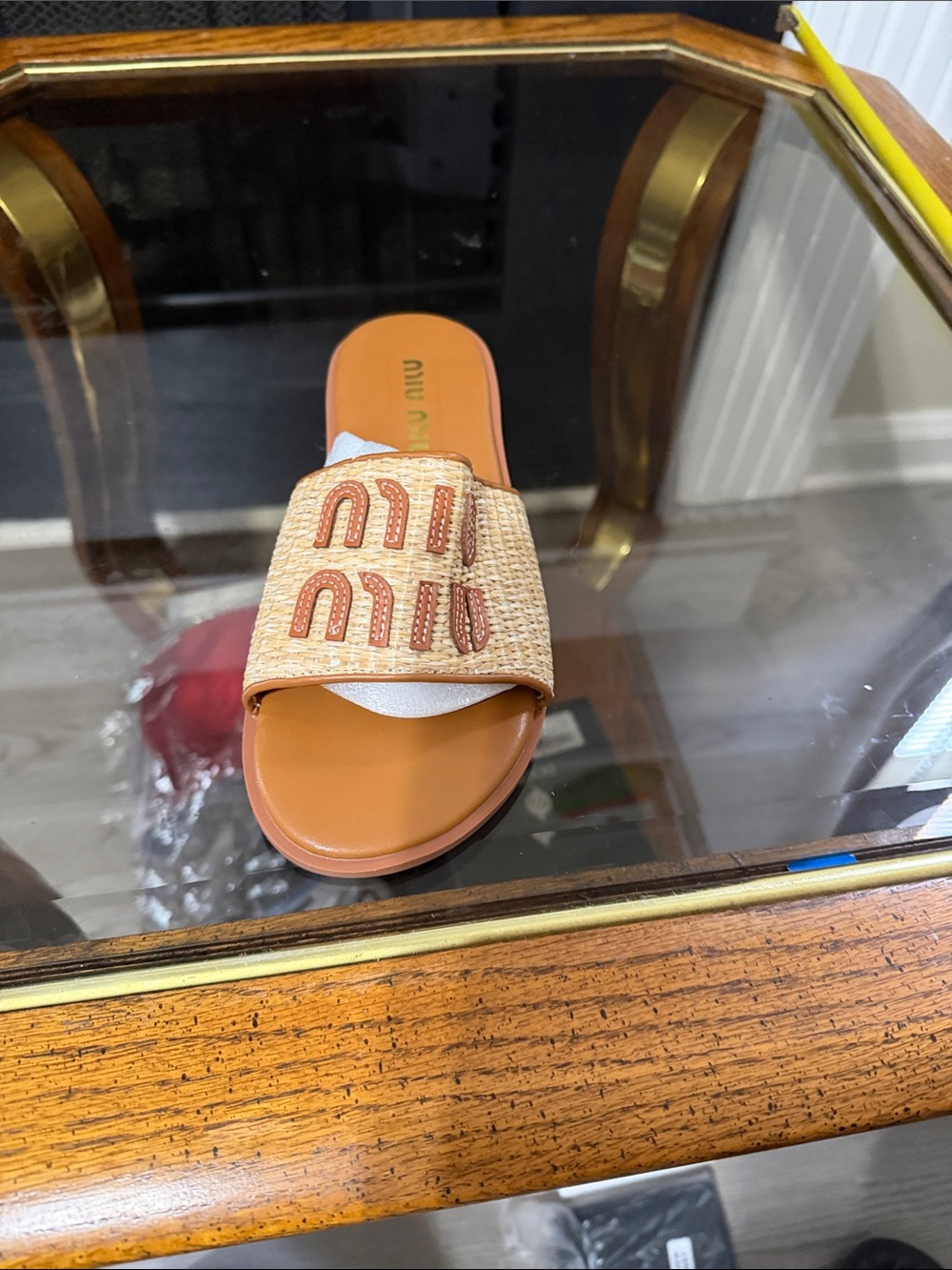 Miu Miu Tan Raffia Slide with Embroidered Logo